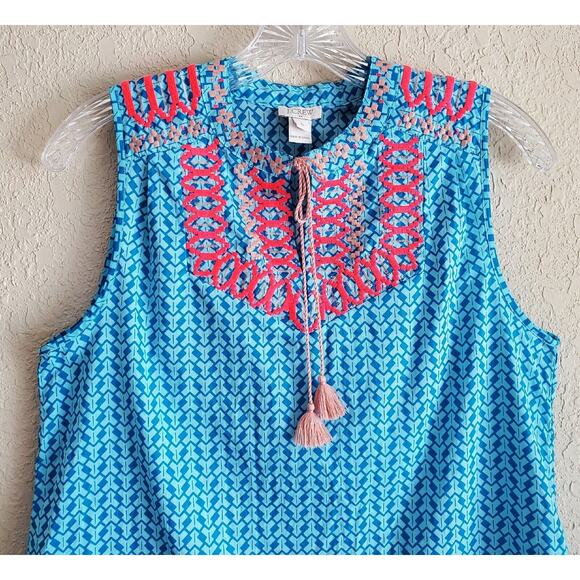 J CREW Women 2 Embroidered Top Sleeveless Tassel Tie Front Keyhole Turquoise 34" - Picture 2 of 7